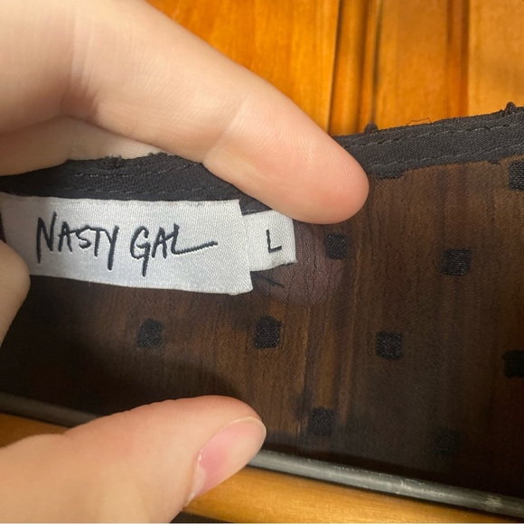 Nasty Gal Black Swiss Dot Sheer Tie Front Long Sleeve Crop Peplum Blouse - Picture 3 of 7